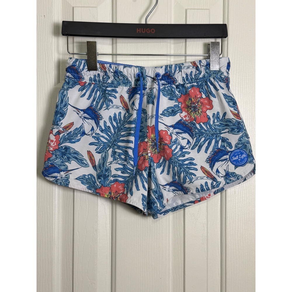 Salt Life Womens Board Shorts Small Blue Floral Marlin Tropical Beach Swim
